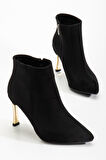 Kadın Siyah Süet Sivri Burun Kısa Boy İnce Topuklu Bot