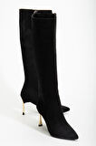 Kadın Siyah Süet Sivri Burun İnce Topuklu Çizme
