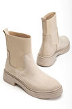 Kadın Kalın Taban Bej Süet Elastik Yan Bantlı Günlük Bot
