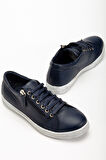 Kadın Lacivert Hakiki Deri Yandan Fermuarlı Bağcıklı Spor Ayakkabı