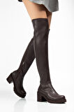 Kahve Streç Günlük Kalın Topuklu Kadın Çizme