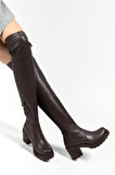 Kahve Streç Günlük Kalın Topuklu Kadın Çizme