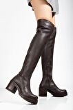 Kahve Streç Günlük Kalın Topuklu Kadın Çizme