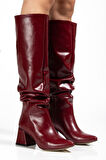 Bordo Kırışık Rugan Körüklü Kalın Topuklu Günlük Kadın Çizme