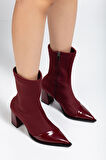 Kadın Bordo Streç Rugan Bilekli Orta Boy Topuklu Bot