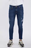 Erkek Lacivert Bilek Boy Yırtık Skinny Fit Jean Pantolon
