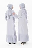 Düğmeli Taşlı Gri Ferace 3007-1