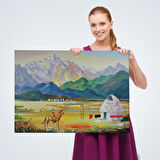 Kazakistan da Bir Göçebe Çadırı Yağlıboya Görünüm Dekoratif Kanvas Duvar Tablosu-3601