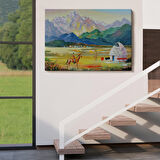 Kazakistan da Bir Göçebe Çadırı Yağlıboya Görünüm Dekoratif Kanvas Duvar Tablosu-3601