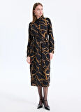 Lauren Ralph Lauren Gömlek Yaka Desenli Siyah Midi Kadın Elbise 200978812