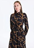 Lauren Ralph Lauren Gömlek Yaka Desenli Siyah Midi Kadın Elbise 200978812