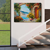 Renkli Çiçekler Arasındaki Deniz Manzaralı Ev Duvar Tablosu-3636