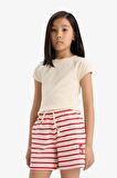 Kız Çocuk Beli Lastikli Çizgili Şort