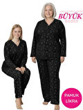 Siyah Çiçekli Dantel Detaylı V Yaka Düğmeli Mevsimlik Pamuk Likra Uzun Kol Pijama Takımı-Geniş Kalıp