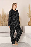 Siyah Çiçekli Dantel Detaylı V Yaka Düğmeli Mevsimlik Pamuk Likra Uzun Kol Pijama Takımı-Geniş Kalıp