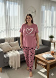 KADIN PEMBE KALP DETAYLI PİJAMA TAKIMI