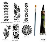 Çiçek Desenleri Siyah Hint Kınası Hediyeli Geçici Dövme Yapma Seti 
