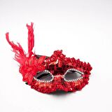 Himarry Kırmızı Payetli Pullu Kırmızı Renk Yandan Tüylü Parti Maskesi 18x22 cm
