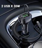 Coofbe Hc Seri Araç Şarj İstasyonu 30W 2 USB+ Type-C Girişli Araç Şarjı Araç Çakmaklık Şarjı Set