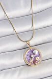 HEYF 316L Çelik Gold Renk Zincir Mor Mineli İncili Çiçek İşlemeli Madalyon Model Kadın Kolye