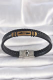 HEYF 316L Çelik Gold Renk Aksesuarlı Çift Sıra Siyah Burgu Desenli Deri Kordon Erkek Bileklik