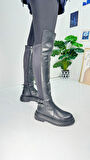 Günlük Kadın Çizme Kalın Tırtıklı Taban Dalgıç Kumaş Tokalı Dizüstü Fermuarlı Oval Burunlu 367