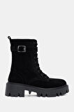 Bronk Kadın Siyah Gerçek Süet Deri Postal Kalın Tabanlı Bot