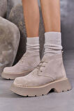Aniva Kadın Bej İçi Kürklü Gerçek Süet Deri Kalın Tabanlı Bot