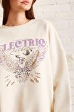 Bisiklet Yaka Baskılı Sweatshirt Krem