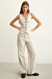 Yüksek Bel Keten Pantolon Bej