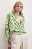 Çiçek Desenli Saten Gömlek Yeşil