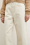 Yüksek Bel Geniş Paça Mom Jean Ekru