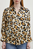Leopar Desenli V Yaka Gömlek Bej