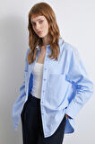 Omuzda Boncuk Detaylı  Oversize Gömlek Mavi