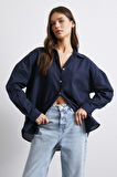Cepli Oversize Keten Gömlek Lacivert
