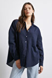 Cepli Oversize Keten Gömlek Lacivert