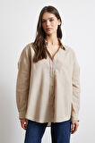 Cepli Oversize Keten Gömlek Bej