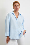 Kabartma Çizgili Oversize Gömlek Mavi