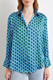 Geometrik Desenli Saten Gömlek Mavi