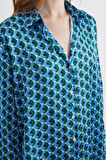 Geometrik Desenli Saten Gömlek Mavi
