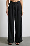 Yüksek Bel Beli Lastikli Geniş Paça Pantolon Siyah