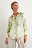 Ebruli Desen Saten GömleK Yeşil