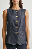Bisiklet Yaka Metal Düğmeli Denim Yelek Lacivert