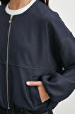 Beli Lastikli Fermuarlı Denim Görünümlü Bomber Ceket Lacivert