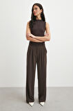 Beli Lastikli Pileli Geniş Paça Pantolon Kahve