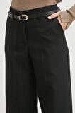 Yüksek Bel Paça Detaylı Kemerli Pantolon Siyah