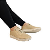 Voyager Z094 Bej Hakiki Deri Lazer İşlemeli Kadın Ayakkabı