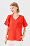 Kadın V Yaka Cebi File Keten T-shirt Oranj