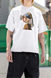 Mona Lisa Temalı Billie Eilish Baskılı Unisex Tişört, Oversize Şarkıcı Tişört