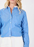 Marie Marot Normal Gömlek Yaka Çizgili Mavi Kadın Gömlek HELEN
